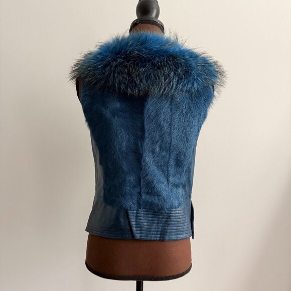 NWOT Blue Leather Vest Real Fox Fur L size - Picture 12 of 15